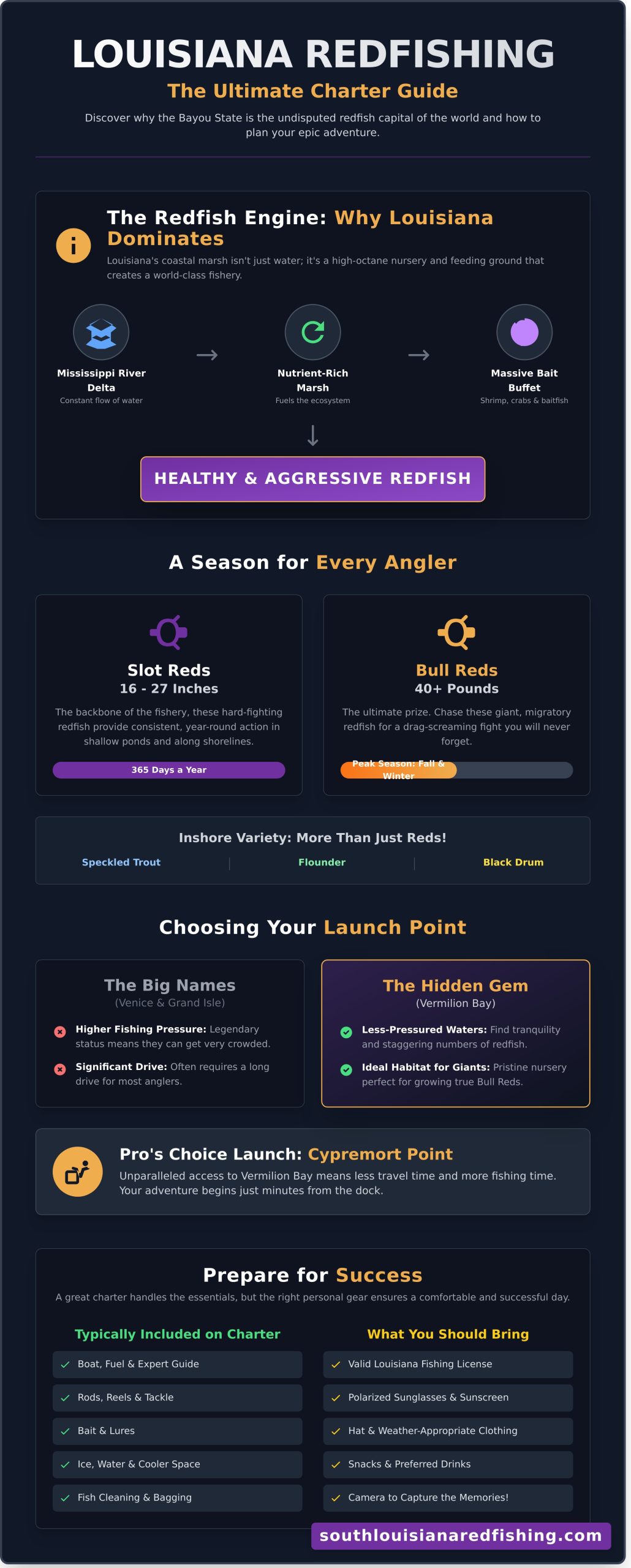 Redfish Charters Louisiana: Your Guide to an Epic Inshore Adventure - Infographic