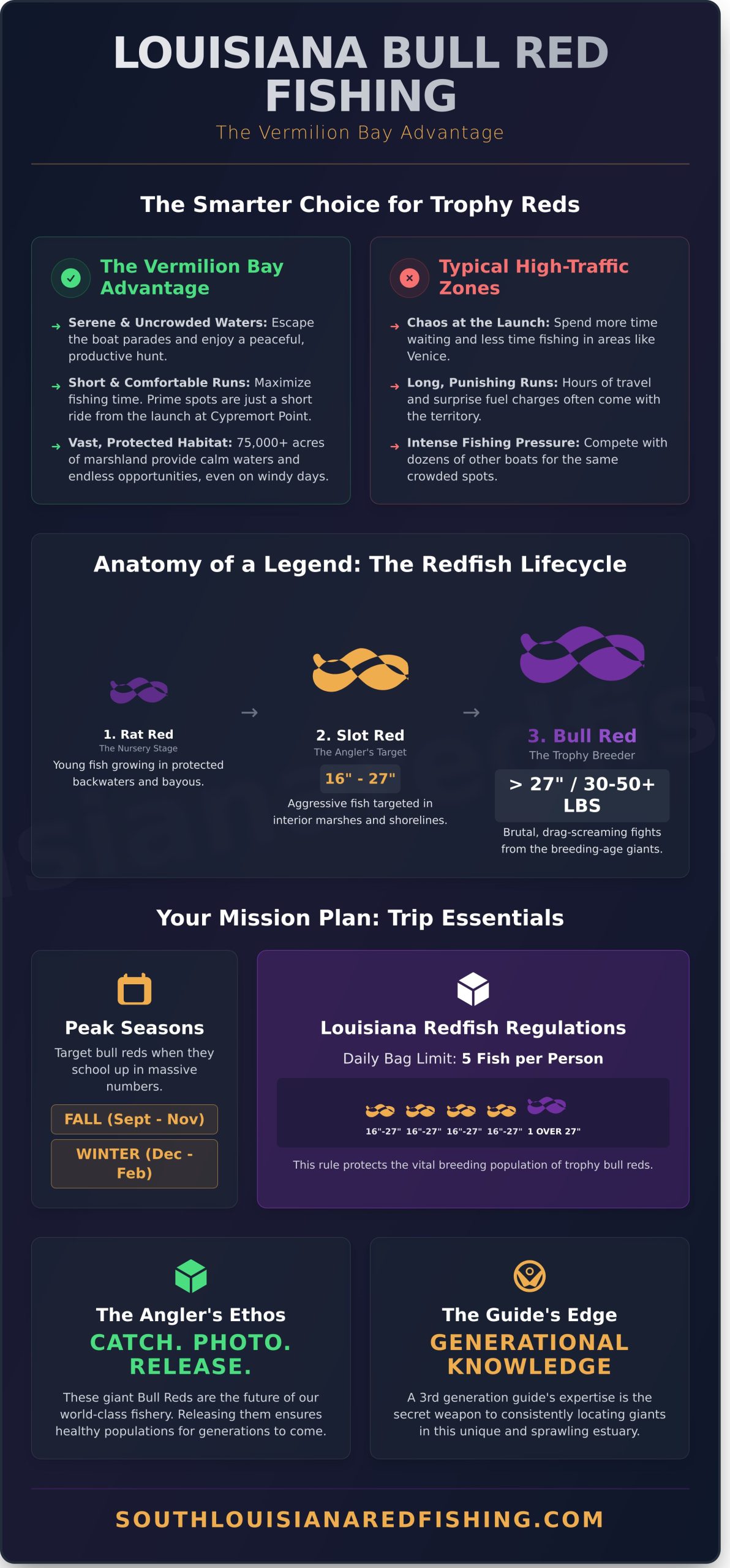 Bull Red Fishing Trips Louisiana: Your Guide to Trophy Reds in Vermilion Bay - Infographic