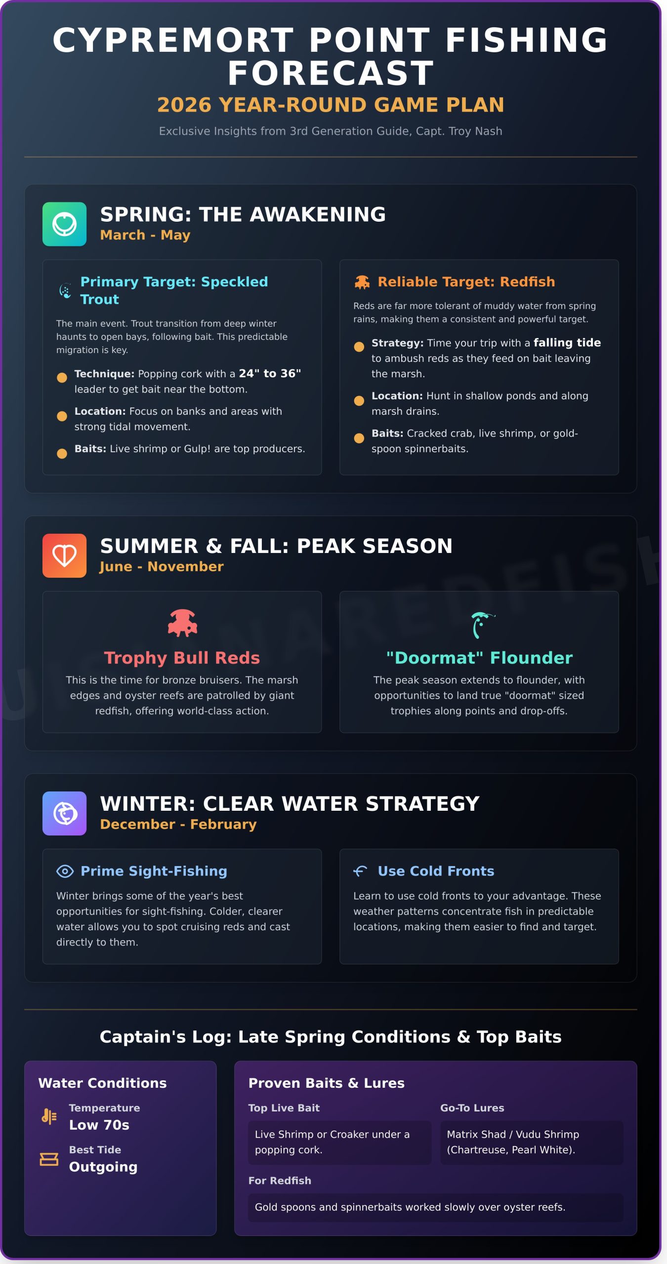 Cypremort Point Fishing Report 2026: A Captain’s Full-Year Forecast - Infographic