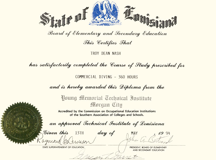 Capt. Troy Nash commercial diving diploma