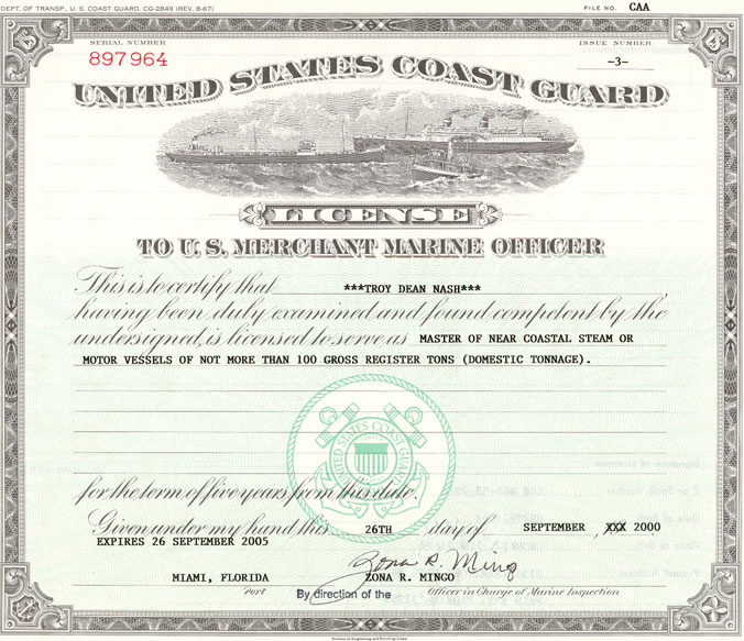 Capt. Troy Nash 100 Ton Master's License
